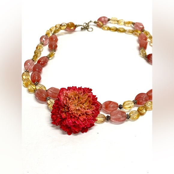HANDMADE Cherry Quartz Citrine Chrysanthemum Double Strand Adjustable Necklace
